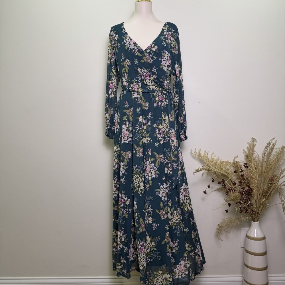 Petal and Pup Floral Faux Wrap Maxi Dress Womens Large Long Sleeve CottageCore